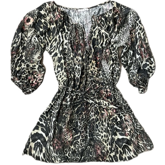 SHAN Leopard Print Silk Viscose 3/4 Sleeve Tunic Peasant Top Coverup Sz 10/M - Picture 7 of 16
